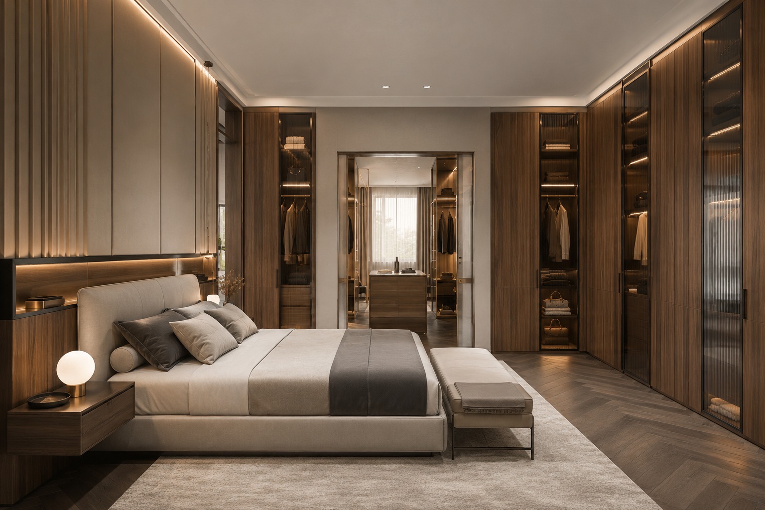 Wohnschlafzimmer mit warmen Holz- und Stofffarben